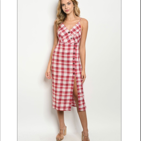 Side button Side Split knee length Plaid Dress - Picture 2 of 4